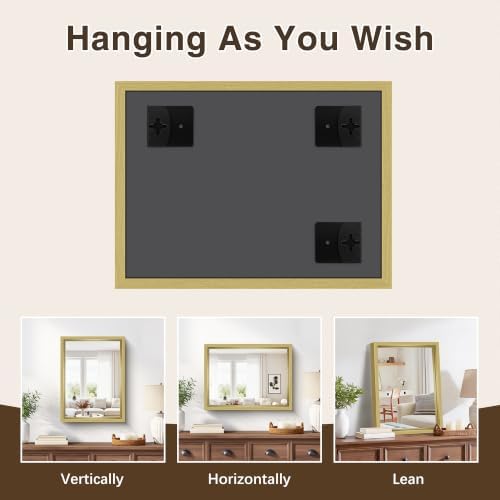 Bathroom Mirror, 18 x 24 inch Natural Wood Grain Colored Aluminum Metal Frame Bathroom Vanity Mirror, Rectangle Wall Mirror for Bedroom Living Room, Tempered Glass, Horizontal or Vertical