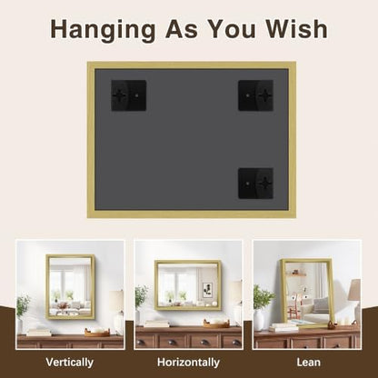 Bathroom Mirror, 18 x 24 inch Natural Wood Grain Colored Aluminum Metal Frame Bathroom Vanity Mirror, Rectangle Wall Mirror for Bedroom Living Room, Tempered Glass, Horizontal or Vertical