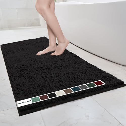 Muddy Mat® | Chenille Bathroom Rugs Quick Dry Microfiber Mats Non Slip Washable, Extra Thick, Soft and Highly Absorbent Bath Mats for Bathroom, Kitchen, and Shower Floor - Black 36"x60"