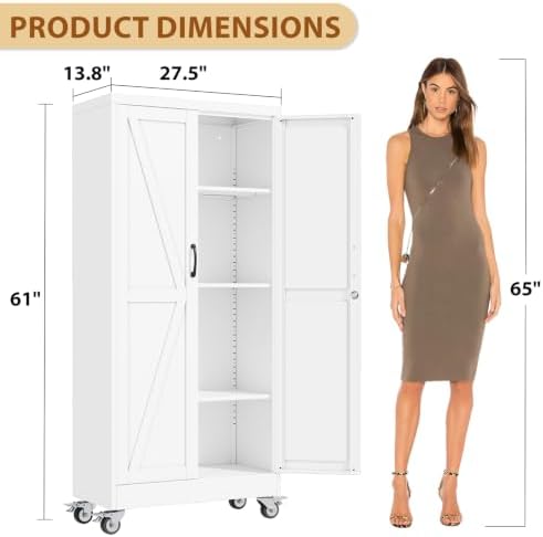 61" Metal Garage Storage Locker Cabinet with Wheels,Rolling White Farmhouse Kitchen Pantry Cabinet with 2 Doors and 3 Adjustable Shelves, Steel File Tool Cabinet for Home Office Warehouse
