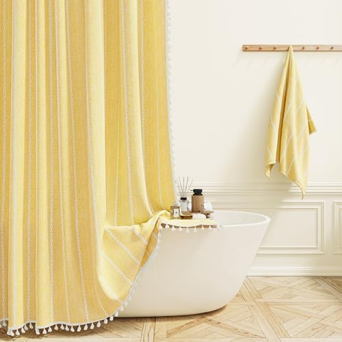 BTTN 60x72 Boho Farmhouse Linen Heavy Duty Cloth Shower Curtain Set, Yellow