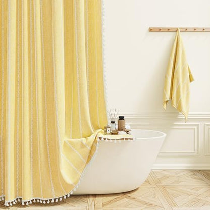 BTTN 72x84 Long Boho Farmhouse Linen Heavy Duty Shower Curtain Set, Yellow