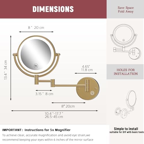 8" Rechargeable Brass 1X/5X Makeup Magnifying Mirror Wall Mount with Light, Upgraded 3-Colors Bright LED Touch Dimmable Extended Arm 360 Rotation for Bathroom, Brushed Modern Brass