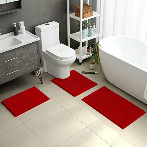 HOMEIDEAS Red Chenille Bathroom Rugs Set of 3, Non Slip Bath Mat