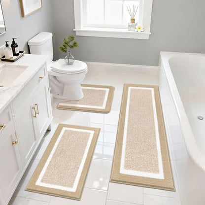 Pauwer Bathroom Rug Sets 3 Piece, Non Slip Washable Bath Ma, Beige