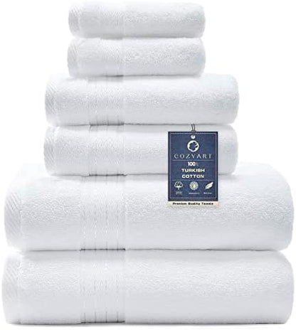 COZYART Luxury Bath Towel Set 6 Pcs White 100% Turkish Cotton 650 GSM