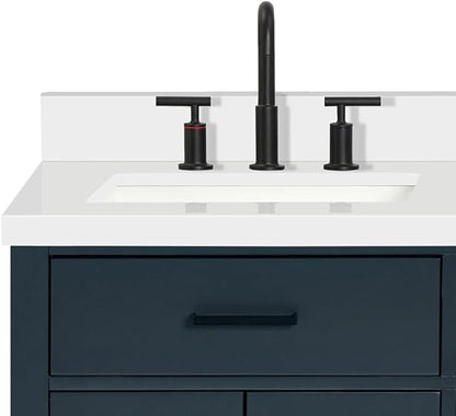 ARIEL Hepburn 60-inch Bathroom Vanity with Sink,Solid Wood, 1.5-inch Pure White Quartz Countertop, Double Rectangular Porcelain Sink, 4 Soft Closing Doors, 6 Dovetail Drawers, Midnight Blue