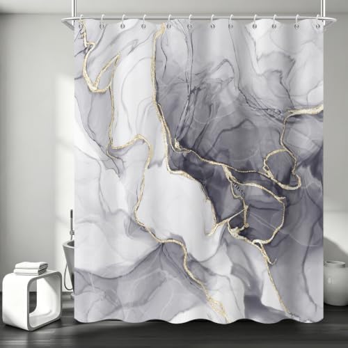 Grey Marble Shower Curtain Modern Abstract Luxury Gold Ink Texture Gray Ombre Watercolor Bathroom Curtain Set with Hooks Soft and Lightweight Waterproof Fabric Machine Washable 72" Wx84 L