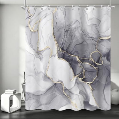 Grey Marble Shower Curtain Modern Abstract Luxury Gold Ink Texture Gray Ombre Watercolor Bathroom Curtain Set with Hooks Soft and Lightweight Waterproof Fabric Machine Washable 60" Wx72 L
