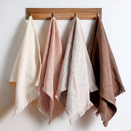 HunnmingRe 4 Pack Boho Hand Towel for Kitchen,Beige, Gray, Curry, Pink