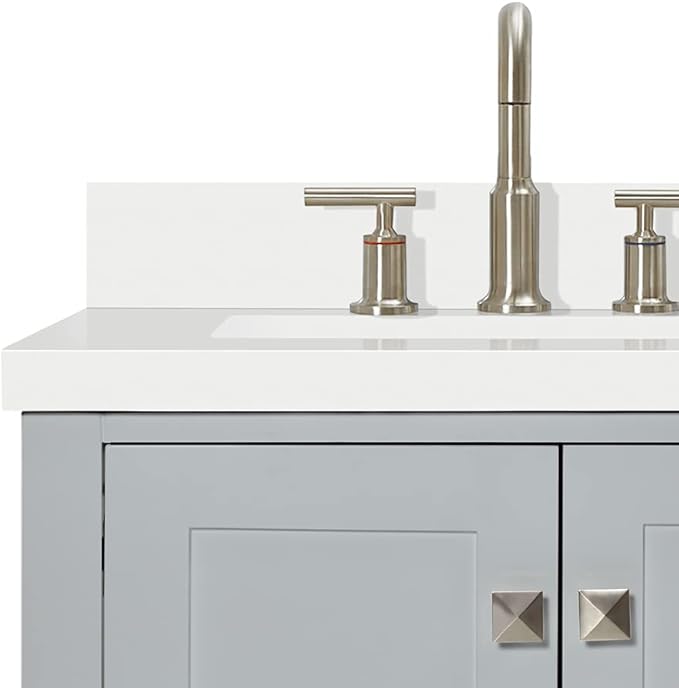 DKB Beckford 60-Inch Grey Double Bathroom Vanity with Sink, Solid Wood Base, 1.5-Inch White Quartz Countertop & Backsplash, Rectangular Undermount Sinks, 4 Soft Closing Doors, 6 Drawers