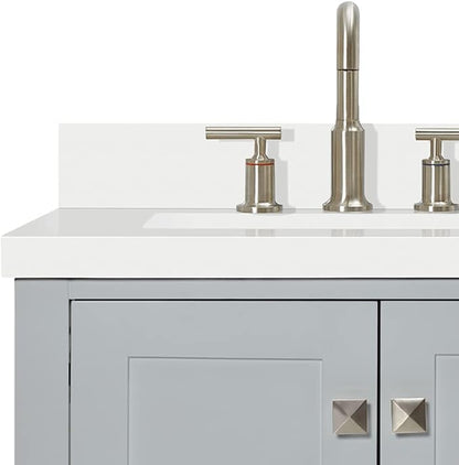 DKB Beckford 60-Inch Grey Double Bathroom Vanity with Sink, Solid Wood Base, 1.5-Inch White Quartz Countertop & Backsplash, Rectangular Undermount Sinks, 4 Soft Closing Doors, 6 Drawers