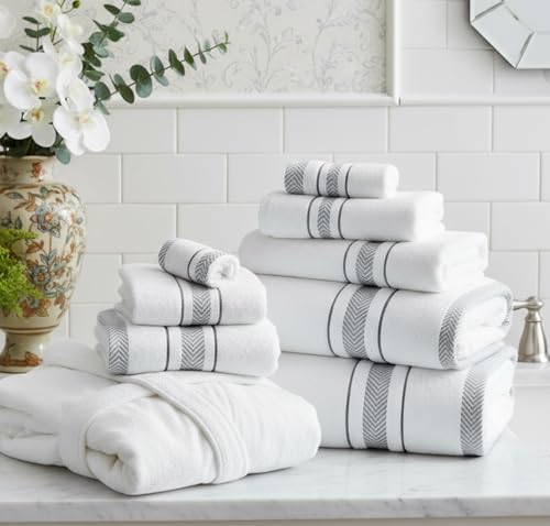 Bath Towels Set for Bathroom – Luxury 6-Piece Cotton Towels, Soft Absorbent & Quick Dry, 600 GSM Bath Towels for Bathroom, Hotel Spa Quality (White/Grey, 6- Bath Towel Set)