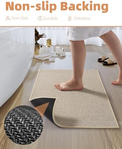 PADOOR Non-Slip Bath-Mats, Rubber-Backing Braided Absorbent Bathroom Mat Machine Washable Thin Bathroom Rugs Fit Under Door Quick Dry Bath Rugs for Floor, 24''x35'' Light Beige