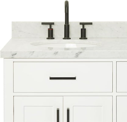 ARIEL Hepburn 60-inch Bathroom Vanity with Sink,Solid Wood, 1.5-inch Italian Carrara Marble Countertop & Backsplash, Double Oval Porcelain Sink, 4 Soft Closing Doors, 6 Dovetail Drawers, White