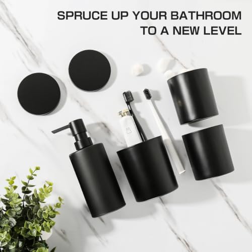 Black Bathroom Accessories Set, 5 Pcs Matte Black Bathroom Accessory Set with Trash Can, Soap Dispenser, Toothbrush Holder, Qtip Holder, Modern Bathroom Sets Complete Decor