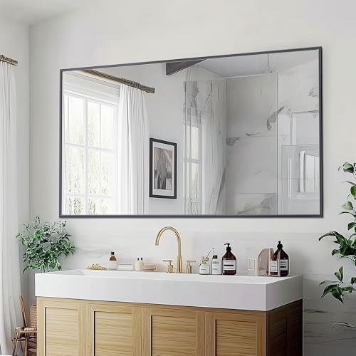 Antok 55x30 Black Metal Framed Bathroom Mirror, Wall Mirror with Rect Corners, Vanity Mirror for Over Sink, Anti-Rust Tempered Glass, Horizontal/Vertical Hanging for Bathroom, Living Room, Entryway
