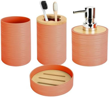 4PCS Orange Bathroom Set, Soap Dispenser, Dish & Bamboo Holder, Rustic