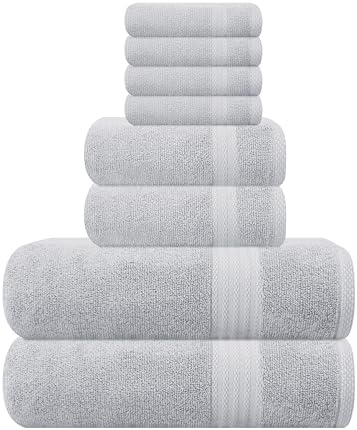 GLAMBURG Ultra Soft 8 Piece Towel Set - 100% Pure Ring Spun Cotton, Contains 2 Oversized Bath Towels 27x54, 2 Hand Towels 16x28, 4 Wash Cloths 13x13 - Ideal for Everyday use, Hotel & Spa - Light Grey