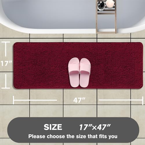 Bathroom Runner Rug 47 x 17 Inch – Long Bath Mat | Absorbent and Washable Thick Chenille Bath Rug Non-Slip Runner Rug for Bathroom, Shower, Sink(Vivid Burgundy)