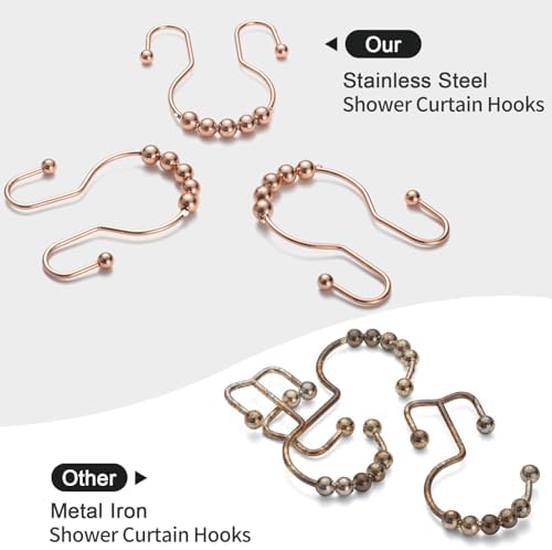 Goowin Shower Curtain Hooks, 12 Pcs Shower Curtain Rings, Stainless Steel Shower Curtain Hangers, Double Hook Shower Curtain Hooks, Smooth Sliding Anti-Drop Shower Rings for Curtain (Rose Gold)