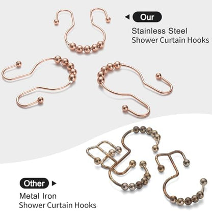 Goowin Shower Curtain Hooks, 12 Pcs Shower Curtain Rings, Stainless Steel Shower Curtain Hangers, Double Hook Shower Curtain Hooks, Smooth Sliding Anti-Drop Shower Rings for Curtain (Rose Gold)