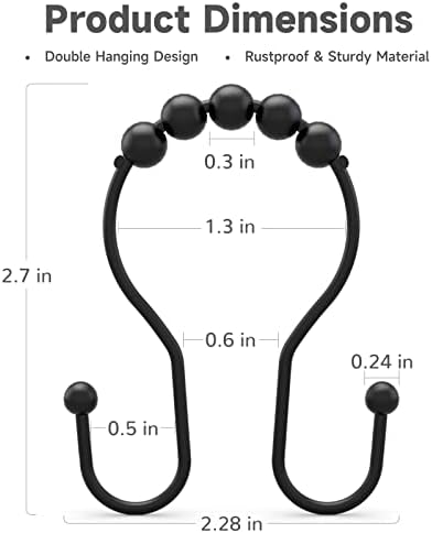 Bathway Shower Curtain Hooks Shower Curtain Rings Black Shower Curtain Hooks RustProof Smooth Metal Double Shower Curtain Hook, Shower Hooks for Shower Curtain Liner Bathroom Shower Rod Hook
