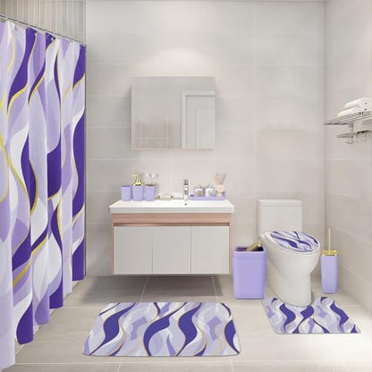 XLHOMO Bathroom Set - Purple and Gold Bathroom Accessories, Bathroom Sets with Shower Curtain and Rugs, Purple Shower Curtain Set with Bathroom Trash Can, Soap Dispenser, Soap Dish for Home Decor
