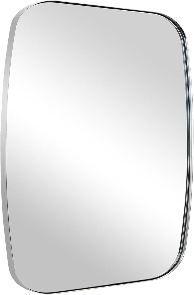 Chrome Oblong Mirror, 36x40 Inch Polished Chrome Oval Mirror for Bathroom with Stainless Steel Metal Frame, Wall Mouned for Bathroom, Living Room, Entryway