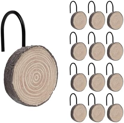 Sunlit Farmhouse Wooden Slices Shower Curtain Hooks, Rustic Home Decorative Shower Curtain Rings with Black Hooks for Bathroom, Resin Shower Curtain Hangers Bathroom Accessories, Set of 12