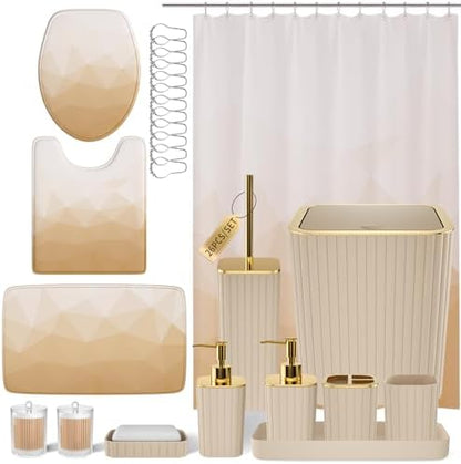 XLHOMO Bathroom Accessory Set - 26PC Bathroom Shower Curtain and Rug Set, Bathroom Accessories Set, Beige Bathroom Set with Trash Can, Toilet Brush, Qtip Holder & Soap Dispenser