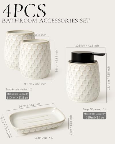 Bathroom Accessory Set 4PCS, Ceramic Bathroom Accessories Set, Foaming Soap Dispenser Set Complete, White Honeycomb Design, Home Apartment Modern Bath Decor Vanity Countertop, ANTIS'S HOME
