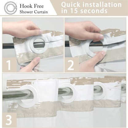 No Hook Shower Curtain with Liner, Brown Stripe, 71x77 Inch