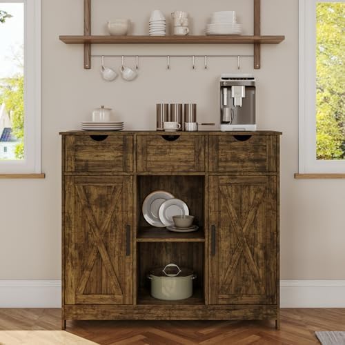 Viaozutis Storage Cabinet, Coffee Bar Cabinet with 2 Adjustable Shelves, 3 Drawers, and 2 Doors, for Bathroom, Kitchen, Living Room (Retro)