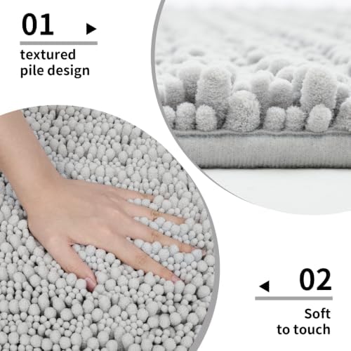 Disolla Small Bath Mat 17x24 Inch - Chenille Silver Bathroom Rug, Extra Soft Absorbent Plush Shaggy Bathmat, Non-Slip Machine Washable Floor Mat for Shower, Tub and Sink