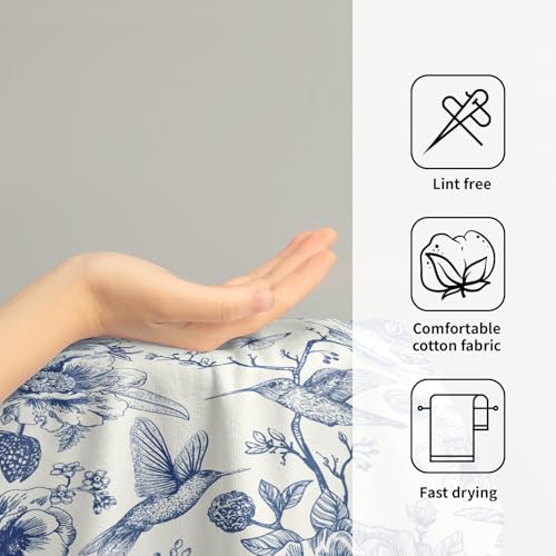 Chinoiserie Flowers Hand Towels Set of 2, Navy Blue Birds Floral Porcelain Decorative Bathroom Towel 28x14 Inch, Soft Absorbent Microfiber Wash Cloth for Kitchen Gym Hotel Home Decor