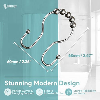 BigFoot Shower Curtain Hooks, Stainless Steel, Rust-Resistant, Easy Install