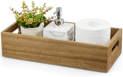 ALELION 14 Inch Acacia Wood Bathroom Storage Basket with Handles, Toilet Paper Basket for Back of Toilet Tank Top, Wooden Organizer Tray for Bathroom Countertop, Vanity, Kitchen, Pantry, Laundry Room
