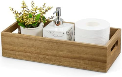 ALELION 14 Inch Acacia Wood Bathroom Storage Basket with Handles, Toilet Paper Basket for Back of Toilet Tank Top, Wooden Organizer Tray for Bathroom Countertop, Vanity, Kitchen, Pantry, Laundry Room