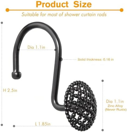 Pearlbee Matte Black Shower Curtain Hooks Rings, 12PCS, Heavy Duty Design