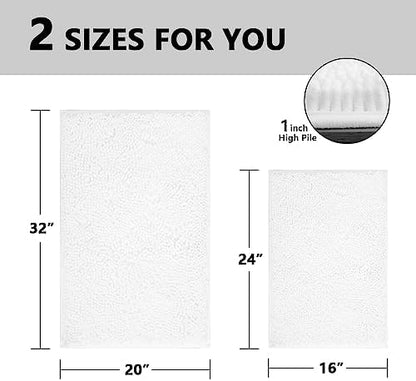 BOANKODU White Bathroom Rugs Sets 2 Piece, Soft Chenille Bath Mat Absorbent Bathroom Rug, Bathroom Mat with PVC Non-Slip Bottom, Machine Washable Bath Rugs (32x20 Inch + 24x16 Inch, White)