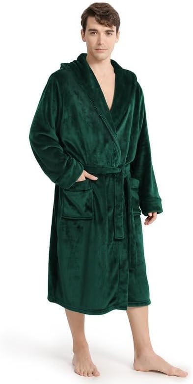 Yurhap Luxury Mens Robe with Hood, Ultra Cozy Fleece Bathrobe for Men, Plush Hooded Robe with Belt & 2 Pockets