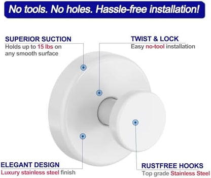 Bntuk Suction Cup Hooks for Shower, Removable Towel Hooks for Bathroom Window Glass Door Wall, Bath Robe Looafh Hook for Hanging - 4 Pack, White1