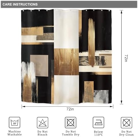 Riyidecor Black Gold Abstract Shower Curtain for Bathroom Decor 72Wx72H Oil Painting Boho Beige Artistic Aesthetic Modern Geometric Art Printed Fabric Polyester Waterproof 12 Pack Plastic Hooks