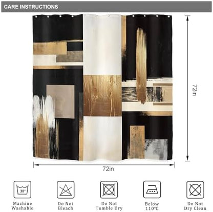 Riyidecor Black Gold Abstract Shower Curtain for Bathroom Decor 72Wx72H Oil Painting Boho Beige Artistic Aesthetic Modern Geometric Art Printed Fabric Polyester Waterproof 12 Pack Plastic Hooks