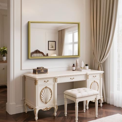 Bathroom Mirror, 30 x 42 inch Natural Wood Grain Colored Aluminum Metal Frame Bathroom Vanity Mirror, Rectangle Wall Mirror for Bedroom Living Room, Tempered Glass, Horizontal or Vertical