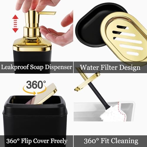 XLHOMO Black Bathroom Set, Bathroom Sets with Stripe Shower Curtain, Black and Gold Bathroom Accessories with Trash Can, Soap Dispenser, Soap Dish, Toilet Brush Holder, Qtip Holders for Bathroom