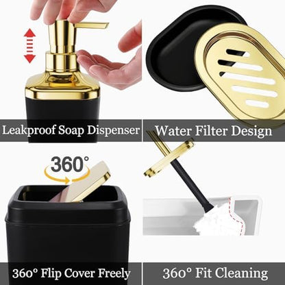 XLHOMO Black Bathroom Set, Bathroom Sets with Stripe Shower Curtain, Black and Gold Bathroom Accessories with Trash Can, Soap Dispenser, Soap Dish, Toilet Brush Holder, Qtip Holders for Bathroom
