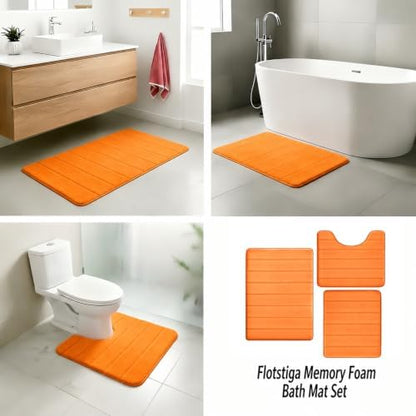 Memory Foam Bath Mat Set 3 Piece，Super Soft Absorbent Bathroom Rug Non Slip, Quick Dry,Machine Wash, Perfect Plush Bathroom Rugs,Home Decor Accessories,Orange