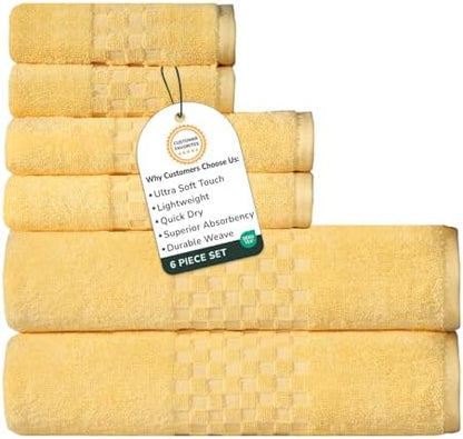 Feather & Stitch 100% Cotton 625 GSM Bath Towel Set of 6, Ultra Soft Highly Absorbent 2 Bath Towels, 2 Hand Towels & 2 Washcloth - Luxury Quick Dry Shower Towels (Yellow)